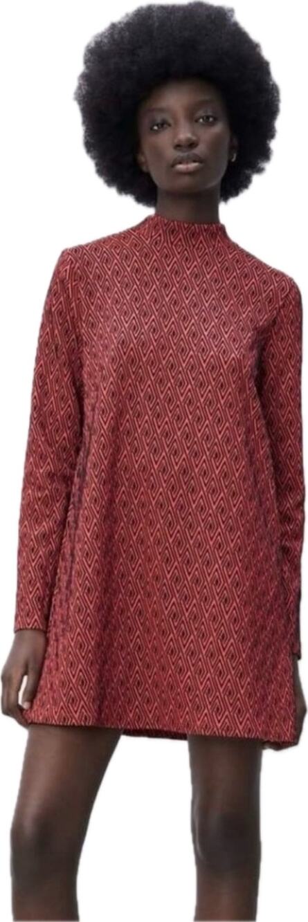 Zara Geometric Jacquard Mock Neck Dress Women's L Coral Retro Mod 70s Inspired